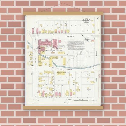 Old map wall art mockup — magnetic wood frame on brick wall — Sanborn Fire Insurance Map from Marietta, Washington County, Ohio (1907), Sheet #0004