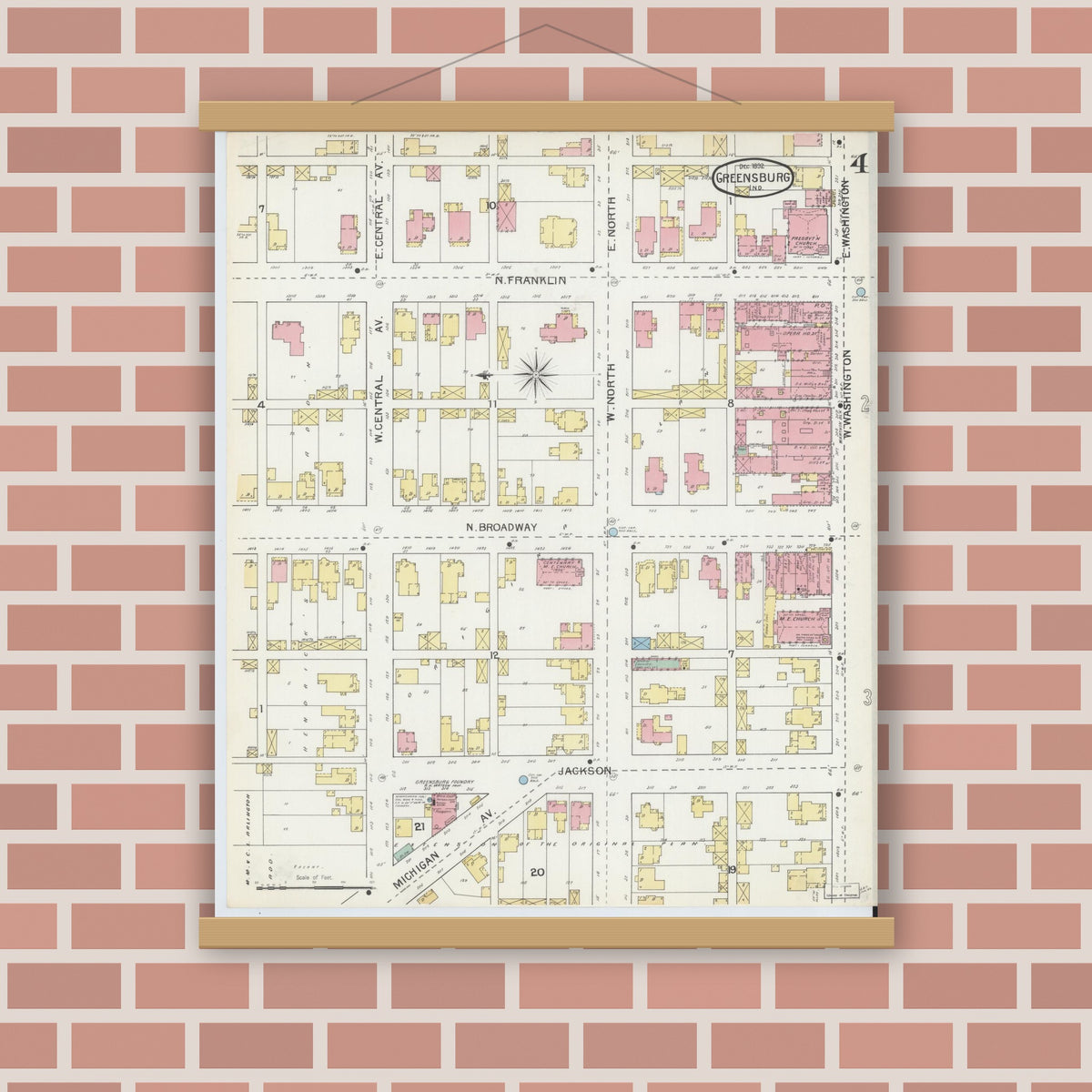 Old map wall art mockup — magnetic wood frame on brick wall — Sanborn Fire Insurance Map from Greensburg, Decatur County, Indiana (1897), Sheet #0004