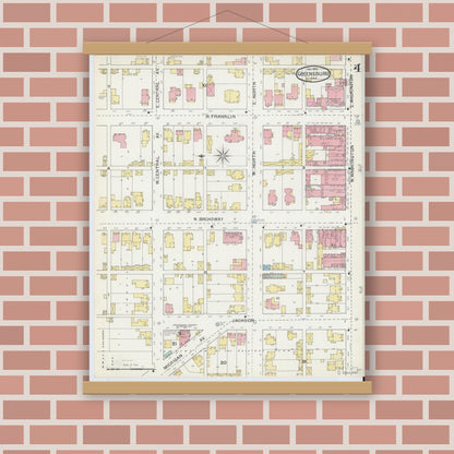 Old map wall art mockup — magnetic wood frame on brick wall — Sanborn Fire Insurance Map from Greensburg, Decatur County, Indiana (1897), Sheet #0004