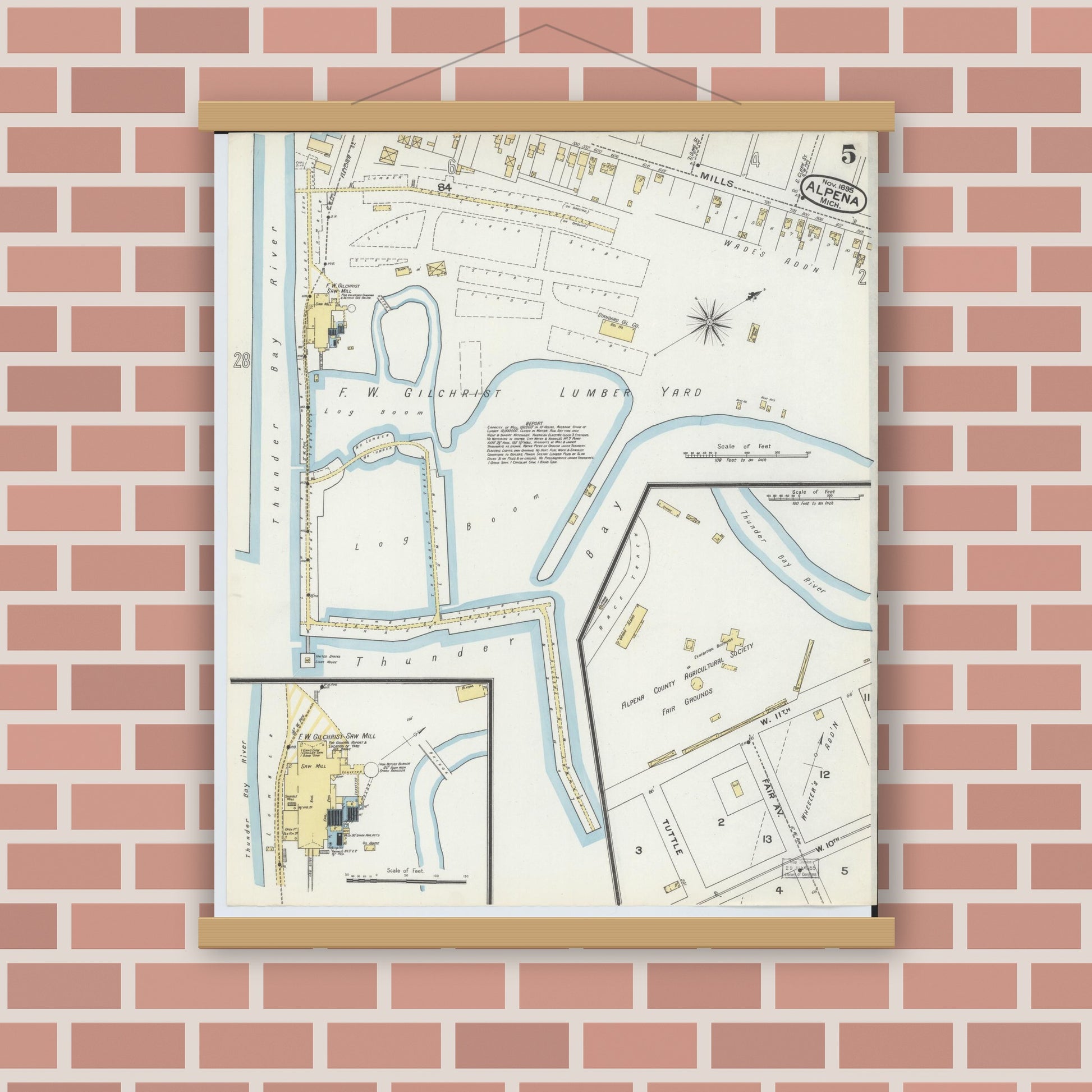 Old map wall art mockup — magnetic wood frame on brick wall — Sanborn Fire Insurance Map from Alpena, Alpena County, Michigan (1895), Sheet #0005