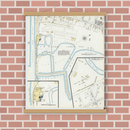 Old map wall art mockup — magnetic wood frame on brick wall — Sanborn Fire Insurance Map from Alpena, Alpena County, Michigan (1895), Sheet #0005