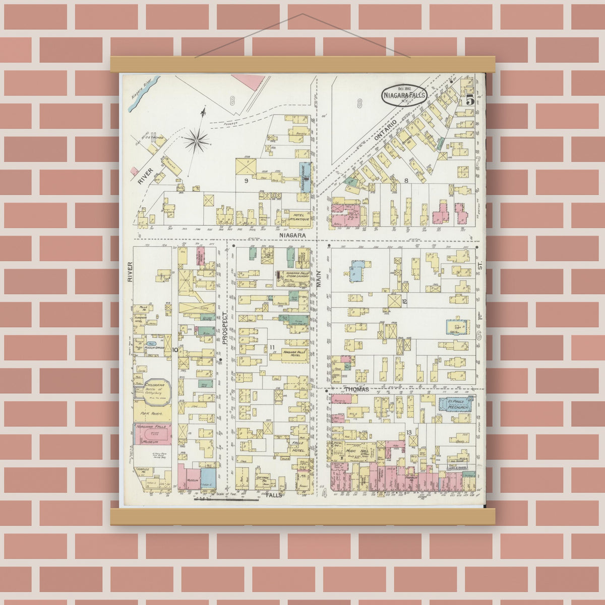 Old map wall art mockup — magnetic wood frame on brick wall — Sanborn Fire Insurance Map from Niagara Falls, Niagara County, New York (1892), Sheet #0005