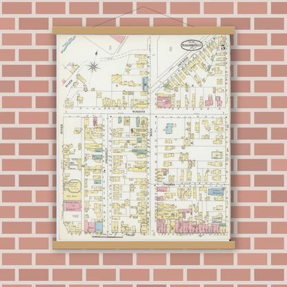 Old map wall art mockup — magnetic wood frame on brick wall — Sanborn Fire Insurance Map from Niagara Falls, Niagara County, New York (1892), Sheet #0005