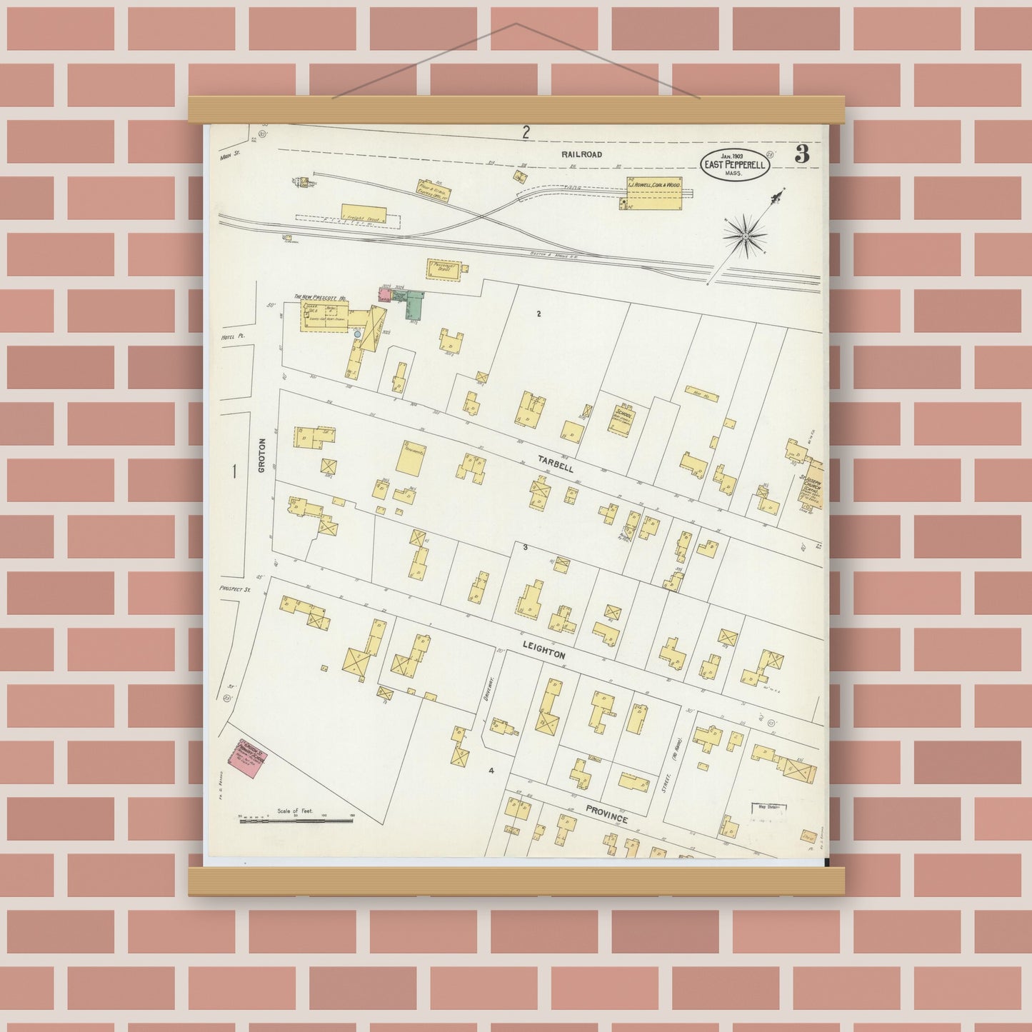 Old map wall art mockup — magnetic wood frame on brick wall — Sanborn Fire Insurance Map from East Pepperell, Middlesex County, Massachusetts (1903), Sheet #0003