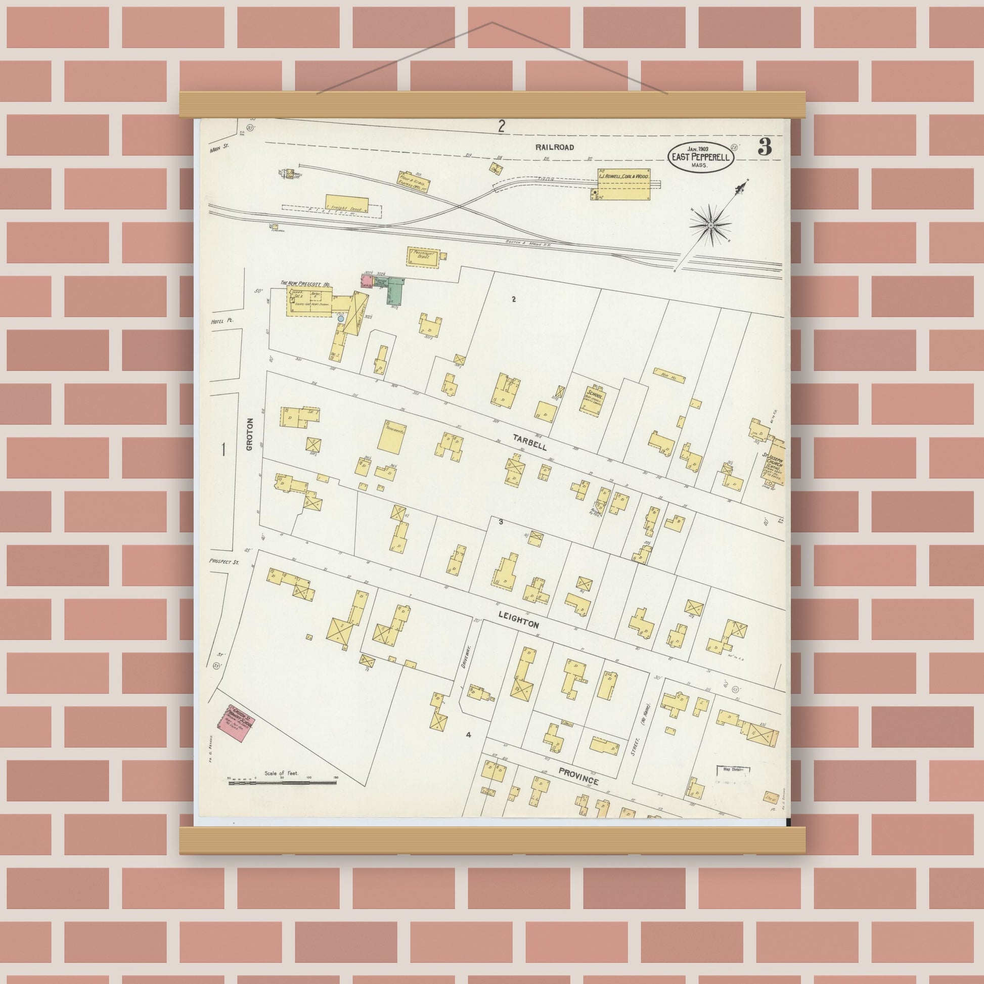 Old map wall art mockup — magnetic wood frame on brick wall — Sanborn Fire Insurance Map from East Pepperell, Middlesex County, Massachusetts (1903), Sheet #0003