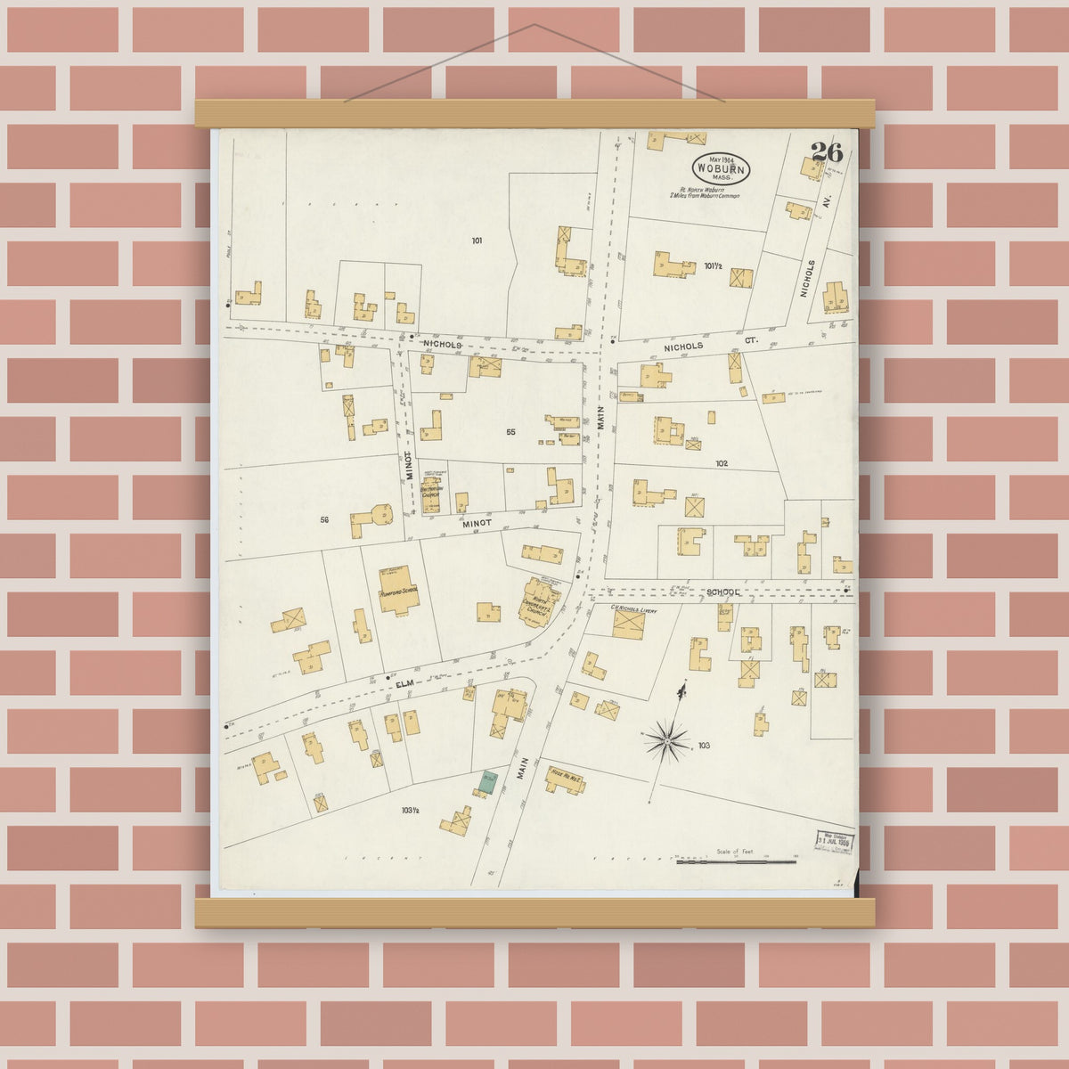 Old map wall art mockup — magnetic wood frame on brick wall — Sanborn Fire Insurance Map from Woburn, Middlesex County, Massachusetts (1904), Sheet #0026