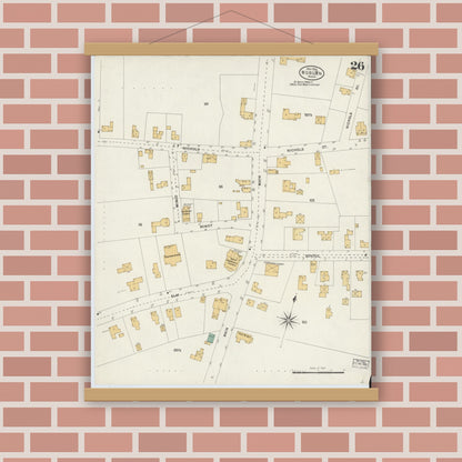 Old map wall art mockup — magnetic wood frame on brick wall — Sanborn Fire Insurance Map from Woburn, Middlesex County, Massachusetts (1904), Sheet #0026
