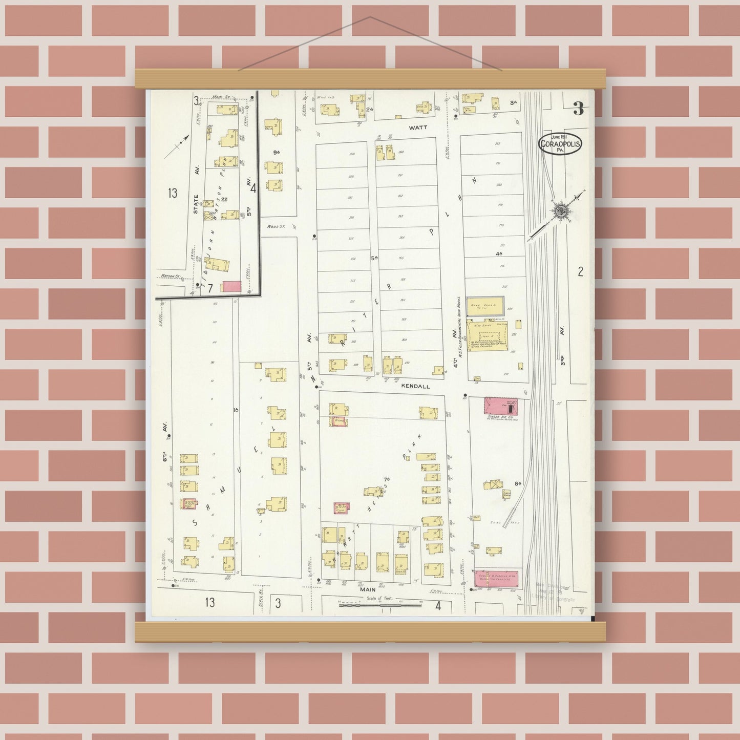 Old map wall art mockup — magnetic wood frame on brick wall — Sanborn Fire Insurance Map from Coraopolis, Allegheny County, Pennsylvania (1911), Sheet #0003