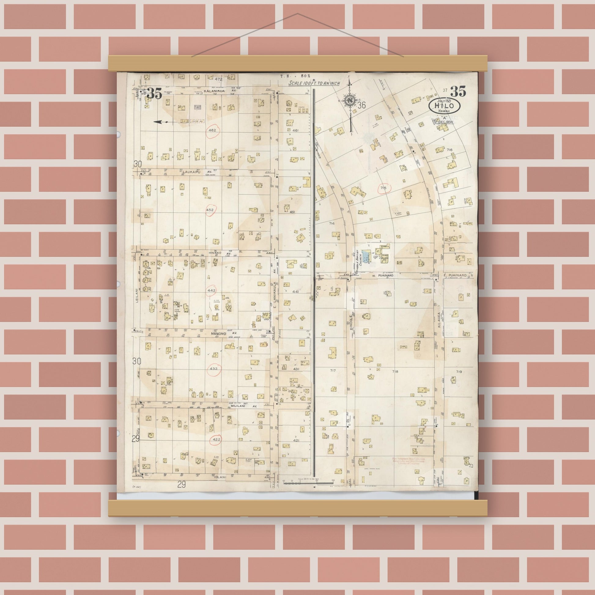 Old map wall art mockup — magnetic wood frame on brick wall — Sanborn Fire Insurance Map from Hilo, Hawaii County, Hawaii (1957), Sheet #0035