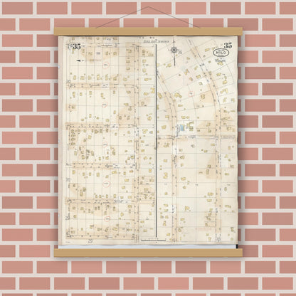 Old map wall art mockup — magnetic wood frame on brick wall — Sanborn Fire Insurance Map from Hilo, Hawaii County, Hawaii (1957), Sheet #0035