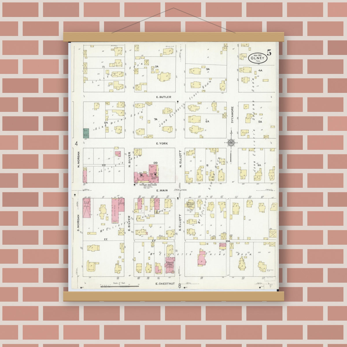 Old map wall art mockup — magnetic wood frame on brick wall — Sanborn Fire Insurance Map from Olney, Richland County, Illinois (1910), Sheet #0005