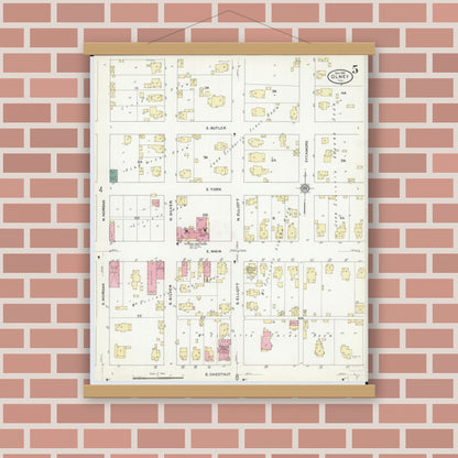 Old map wall art mockup — magnetic wood frame on brick wall — Sanborn Fire Insurance Map from Olney, Richland County, Illinois (1910), Sheet #0005