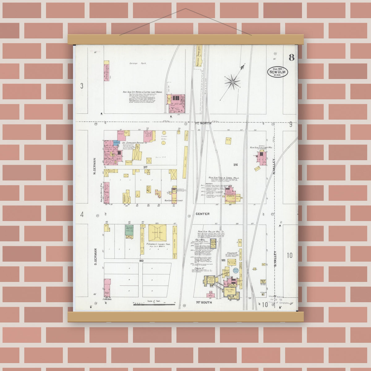 Old map wall art mockup — magnetic wood frame on brick wall — Sanborn Fire Insurance Map from New Ulm, Brown County, Minnesota (1905), Sheet #0008
