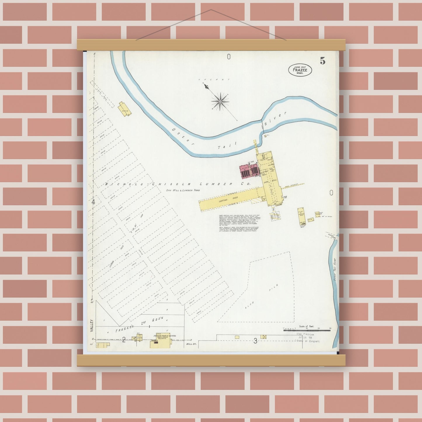 Old map wall art mockup — magnetic wood frame on brick wall — Sanborn Fire Insurance Map from Frazee, Becker County, Minnesota (1907), Sheet #0005