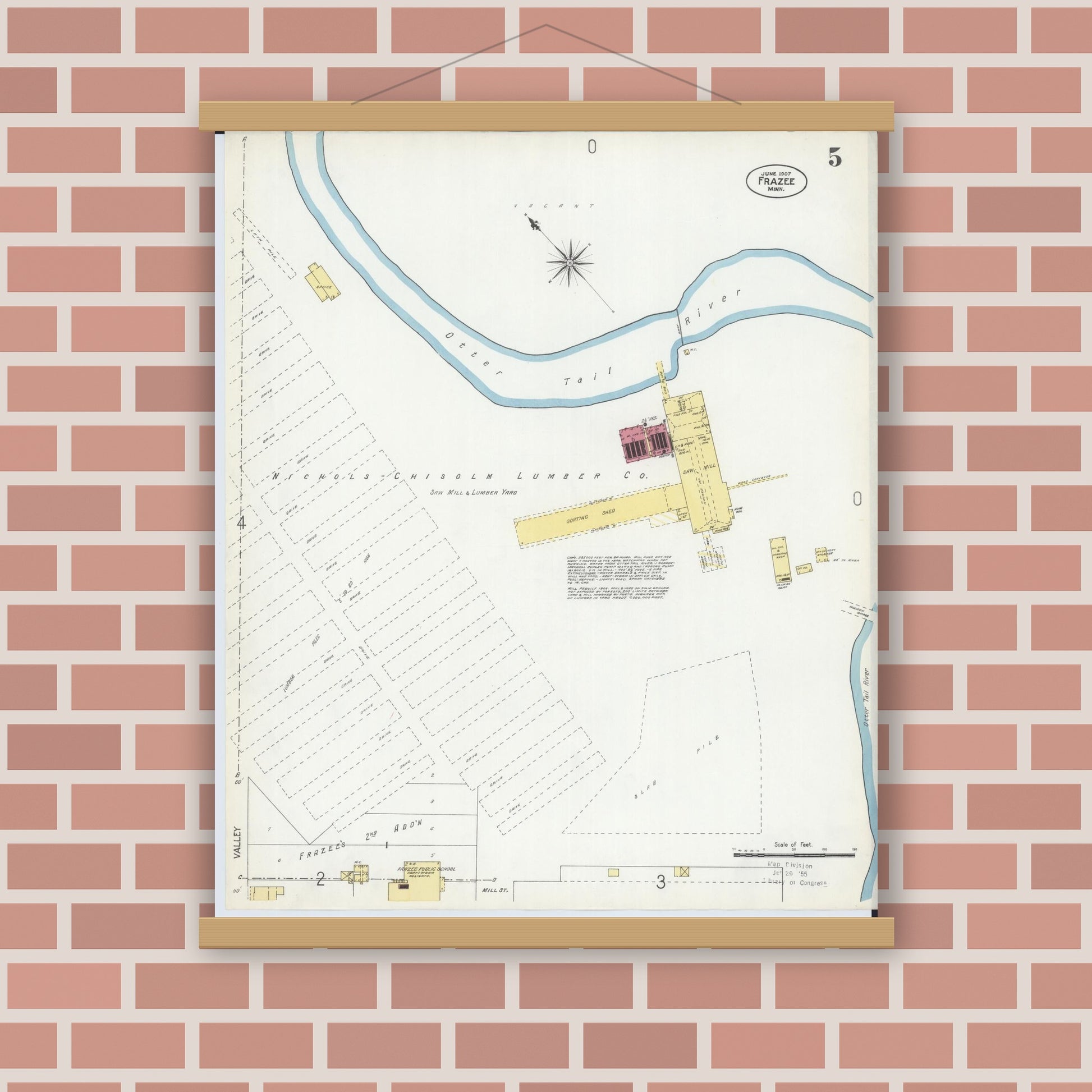 Old map wall art mockup — magnetic wood frame on brick wall — Sanborn Fire Insurance Map from Frazee, Becker County, Minnesota (1907), Sheet #0005