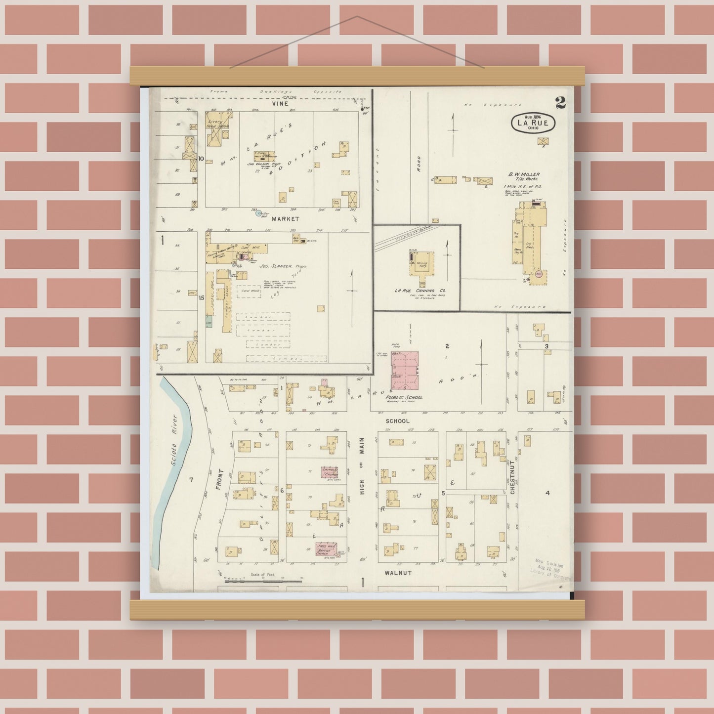 Old map wall art mockup — magnetic wood frame on brick wall — Sanborn Fire Insurance Map from La Rue, Marion County, Ohio (1891), Sheet #0002