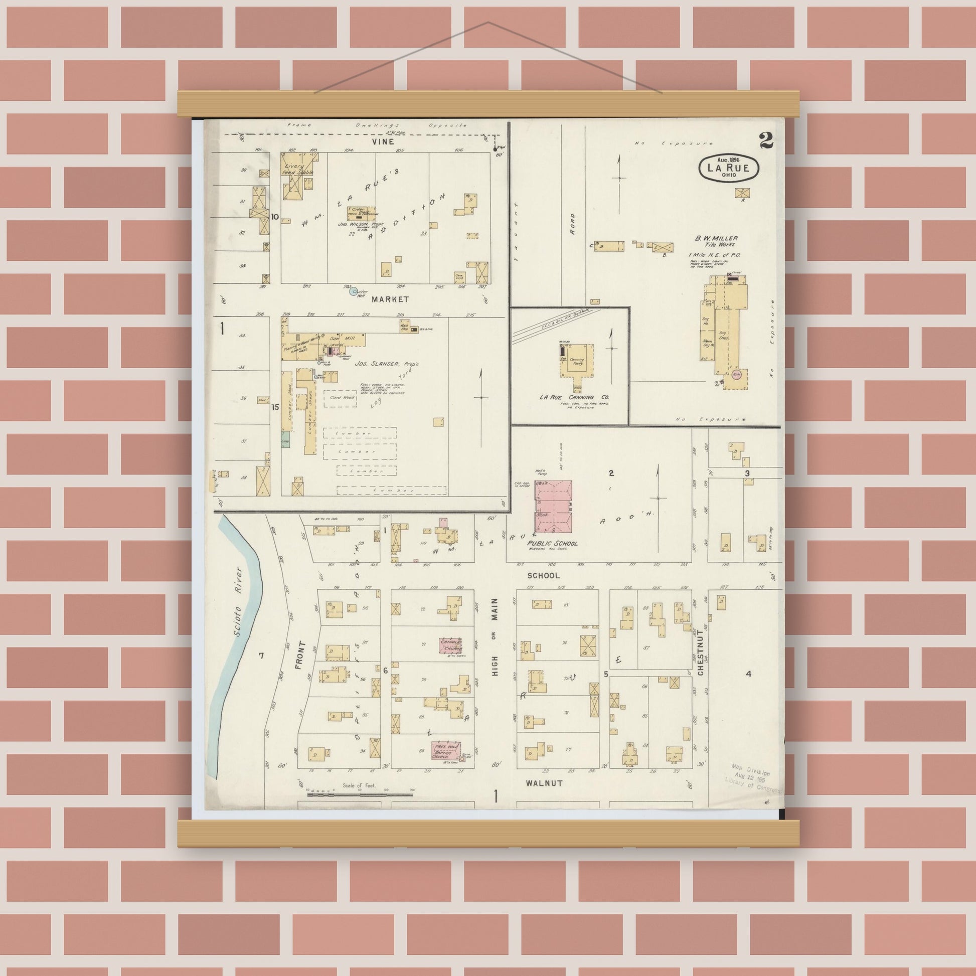 Old map wall art mockup — magnetic wood frame on brick wall — Sanborn Fire Insurance Map from La Rue, Marion County, Ohio (1891), Sheet #0002