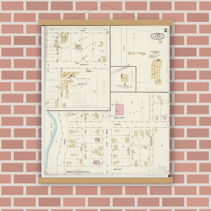 Old map wall art mockup — magnetic wood frame on brick wall — Sanborn Fire Insurance Map from La Rue, Marion County, Ohio (1891), Sheet #0002