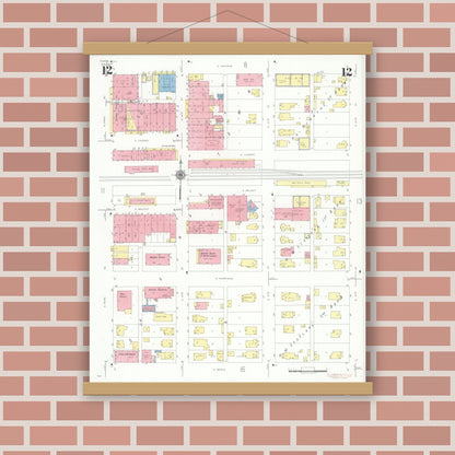 Old map wall art mockup — magnetic wood frame on brick wall — Sanborn Fire Insurance Map from Herrin, Williamson County, Illinois (1941), Sheet #0012