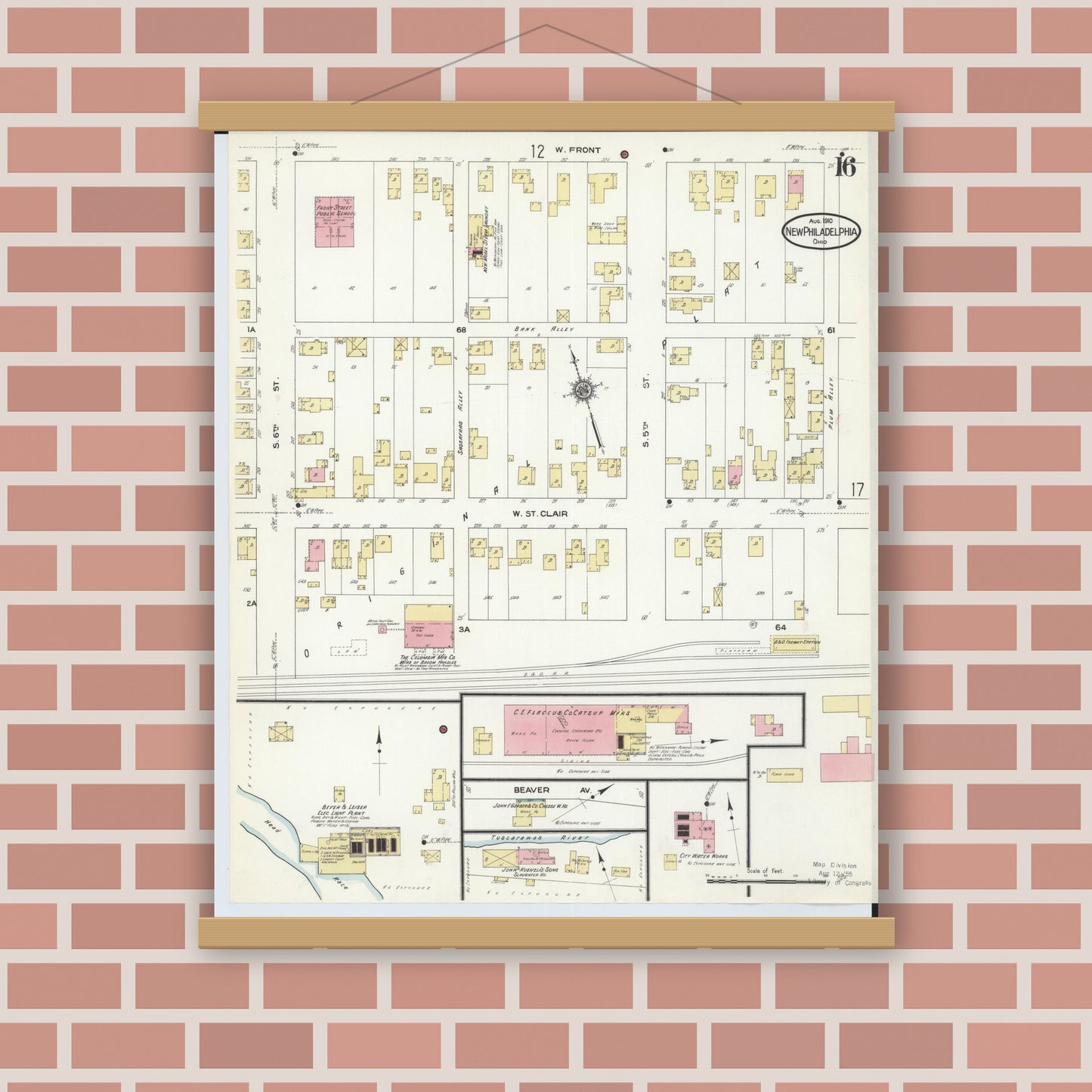Old map wall art mockup — magnetic wood frame on brick wall — Sanborn Fire Insurance Map from New Philadelphia, Tuscarawas County, Ohio (1910), Sheet #0016