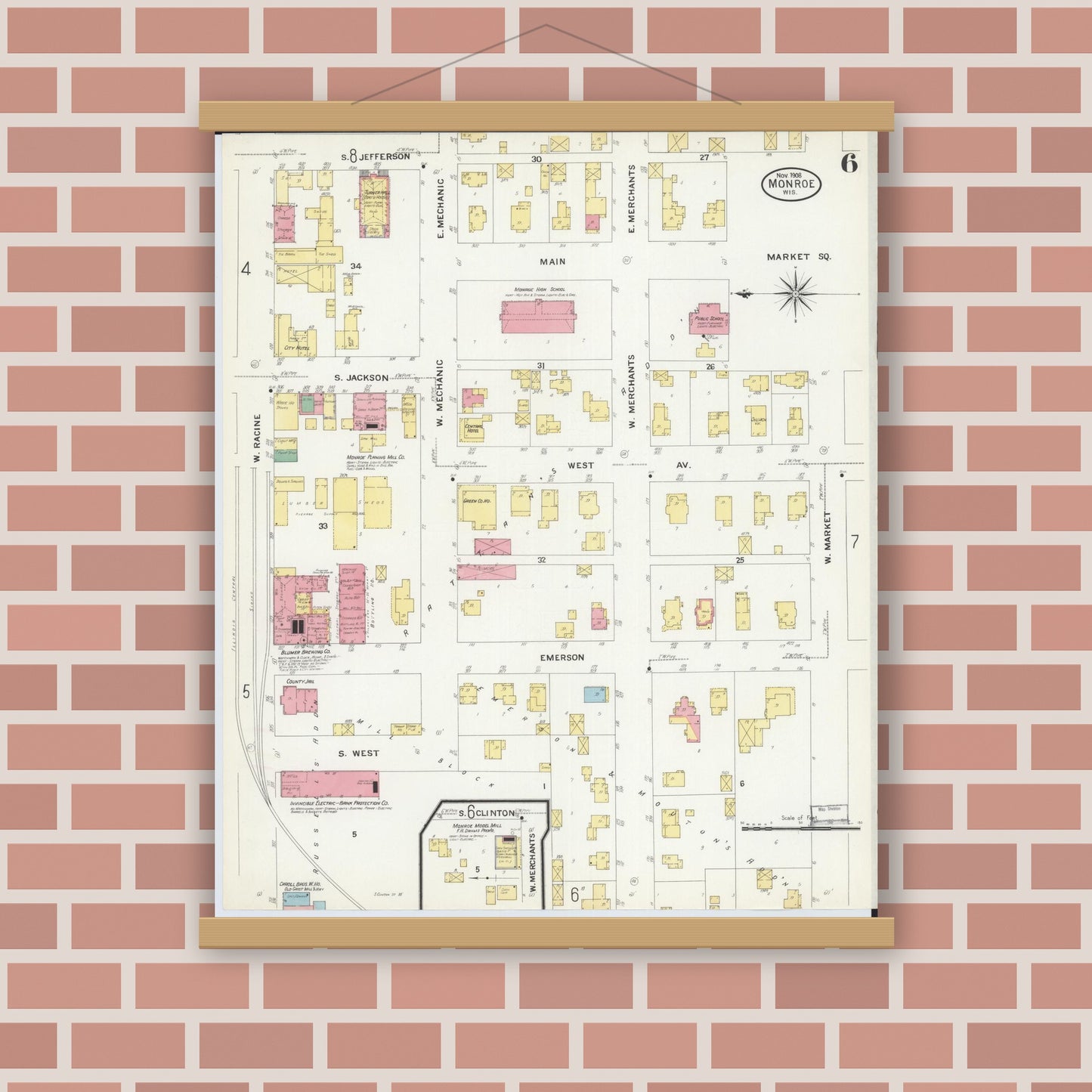 Old map wall art mockup — magnetic wood frame on brick wall — Sanborn Fire Insurance Map from Monroe, Green County, Wisconsin (1908), Sheet #0006