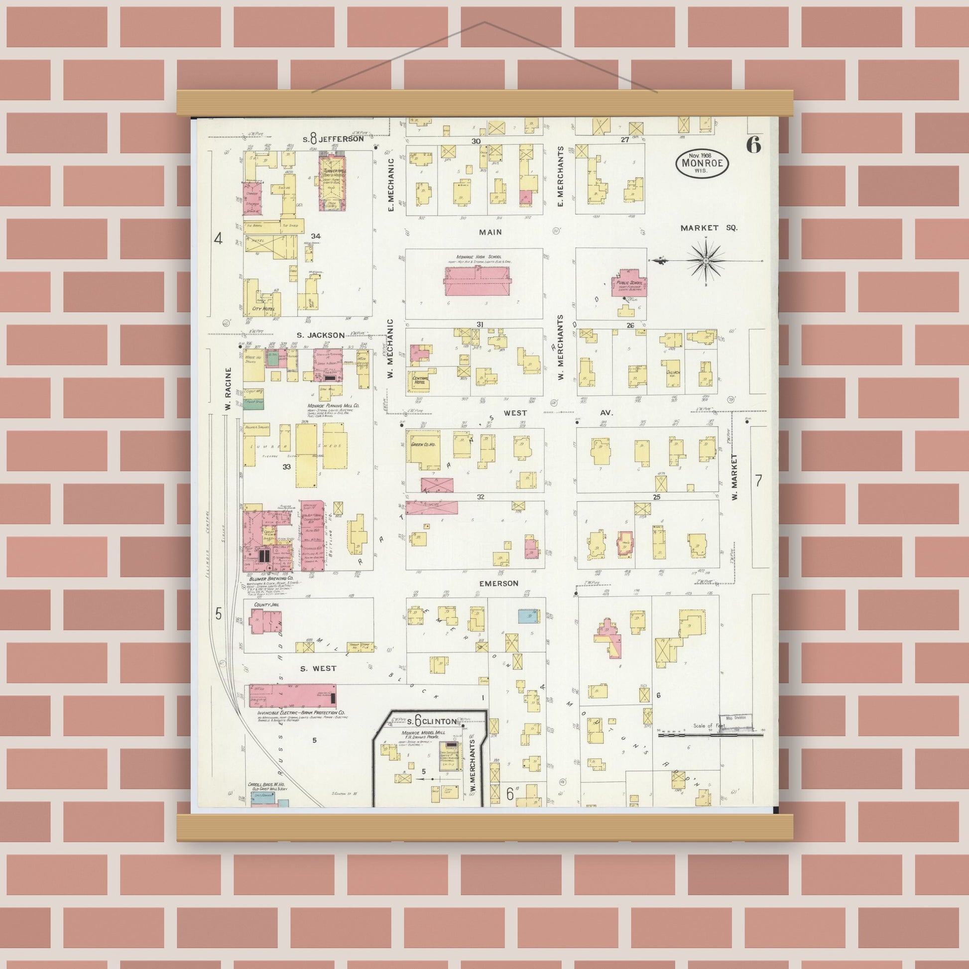 Old map wall art mockup — magnetic wood frame on brick wall — Sanborn Fire Insurance Map from Monroe, Green County, Wisconsin (1908), Sheet #0006
