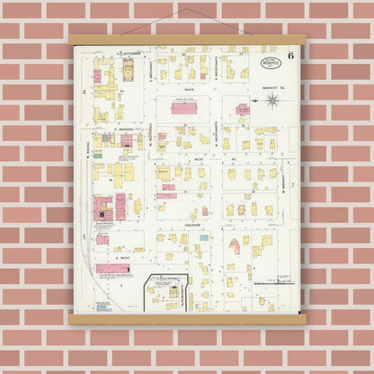 Old map wall art mockup — magnetic wood frame on brick wall — Sanborn Fire Insurance Map from Monroe, Green County, Wisconsin (1908), Sheet #0006