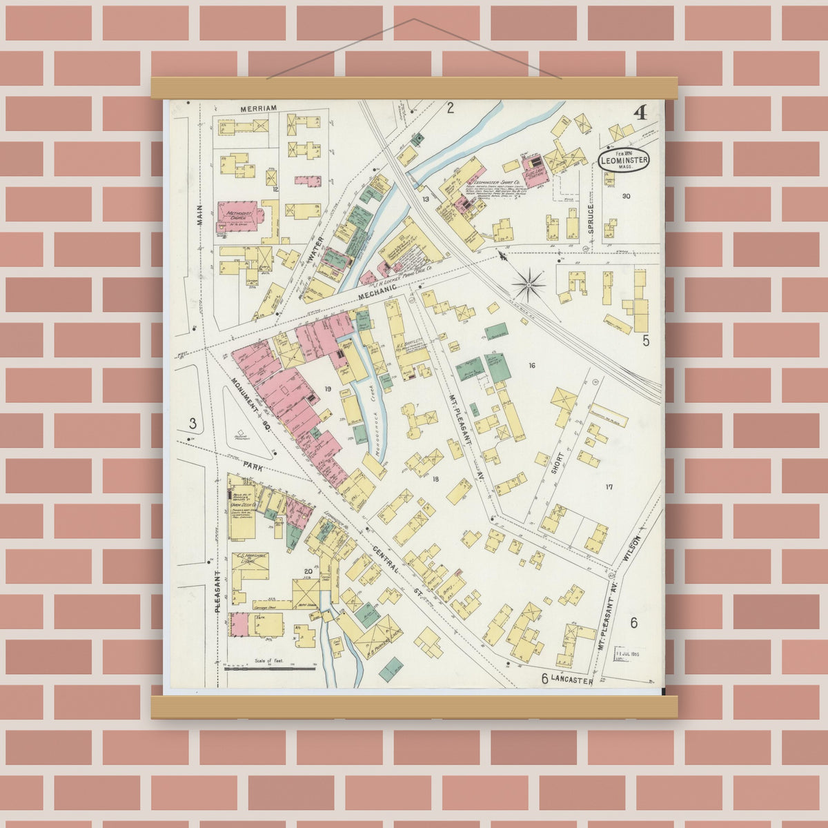 Old map wall art mockup — magnetic wood frame on brick wall — Sanborn Fire Insurance Map from Leominster, Worcester County, Massachusetts (1896), Sheet #0004
