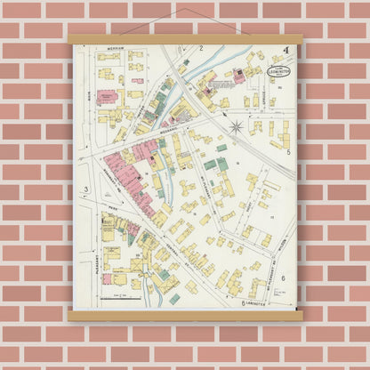 Old map wall art mockup — magnetic wood frame on brick wall — Sanborn Fire Insurance Map from Leominster, Worcester County, Massachusetts (1896), Sheet #0004