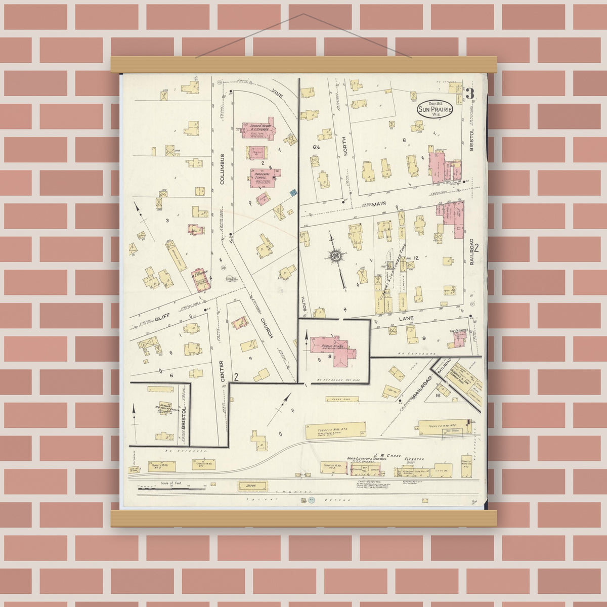 Old map wall art mockup — magnetic wood frame on brick wall — Sanborn Fire Insurance Map from Sun Prairie, Dane County, Wisconsin (1912), Sheet #0003