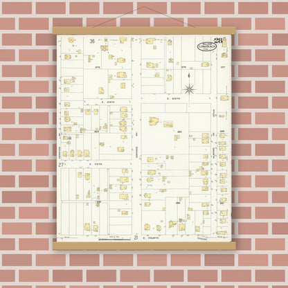 Old map wall art mockup — magnetic wood frame on brick wall — Sanborn Fire Insurance Map from Long Beach, Los Angeles County, California (1908), Sheet #0028