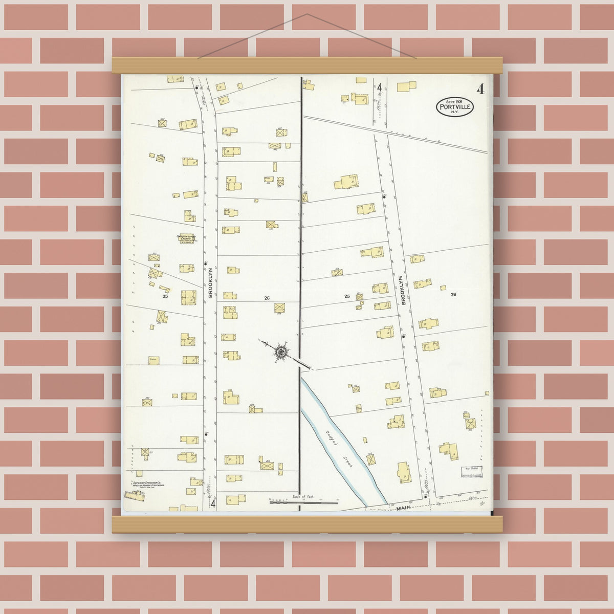Old map wall art mockup — magnetic wood frame on brick wall — Sanborn Fire Insurance Map from Portville, Cattaraugus County, New York (1909), Sheet #0004