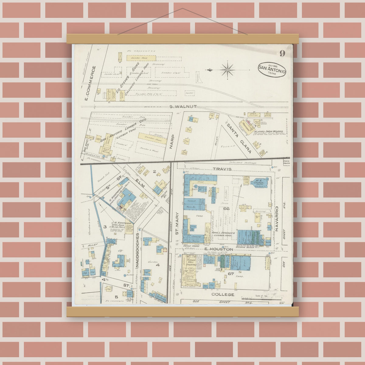 Old map wall art mockup — magnetic wood frame on brick wall — Sanborn Fire Insurance Map from San Antonio, Bexar County, Texas (1885), Sheet #0009