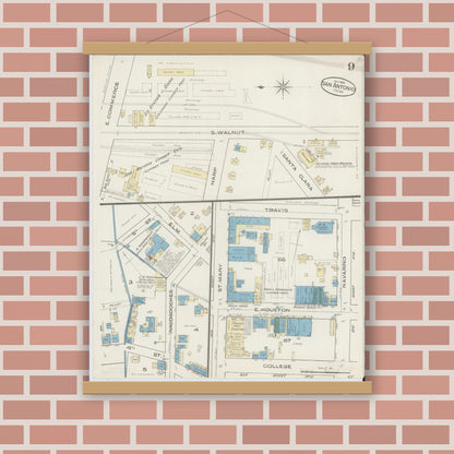 Old map wall art mockup — magnetic wood frame on brick wall — Sanborn Fire Insurance Map from San Antonio, Bexar County, Texas (1885), Sheet #0009