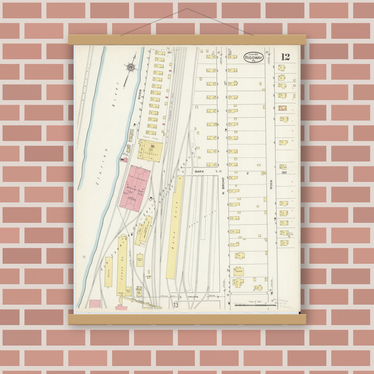 Old map wall art mockup — magnetic wood frame on brick wall — Sanborn Fire Insurance Map from Ridgway, Elk County, Pennsylvania (1915), Sheet #0012