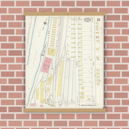 Old map wall art mockup — magnetic wood frame on brick wall — Sanborn Fire Insurance Map from Ridgway, Elk County, Pennsylvania (1915), Sheet #0012