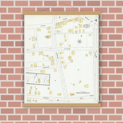 Old map wall art mockup — magnetic wood frame on brick wall — Sanborn Fire Insurance Map from Belmont, Middlesex County, Massachusetts (1905), Sheet #0004