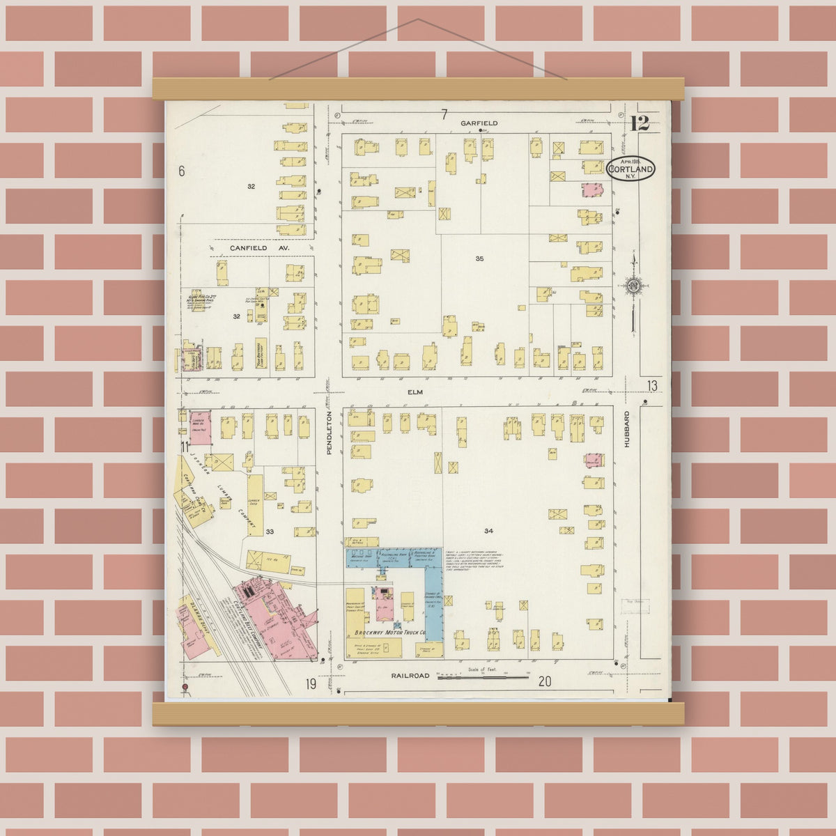 Old map wall art mockup — magnetic wood frame on brick wall — Sanborn Fire Insurance Map from Cortland, Cortland County, New York (1915), Sheet #0012