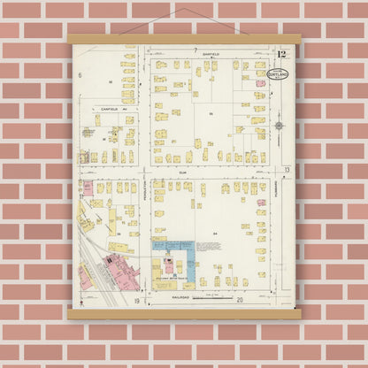 Old map wall art mockup — magnetic wood frame on brick wall — Sanborn Fire Insurance Map from Cortland, Cortland County, New York (1915), Sheet #0012