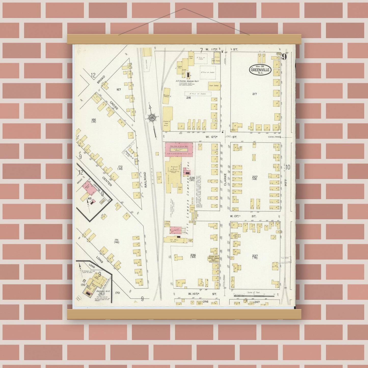 Old map wall art mockup — magnetic wood frame on brick wall — Sanborn Fire Insurance Map from Greenville, Pitt County, North Carolina (1916), Sheet #0009
