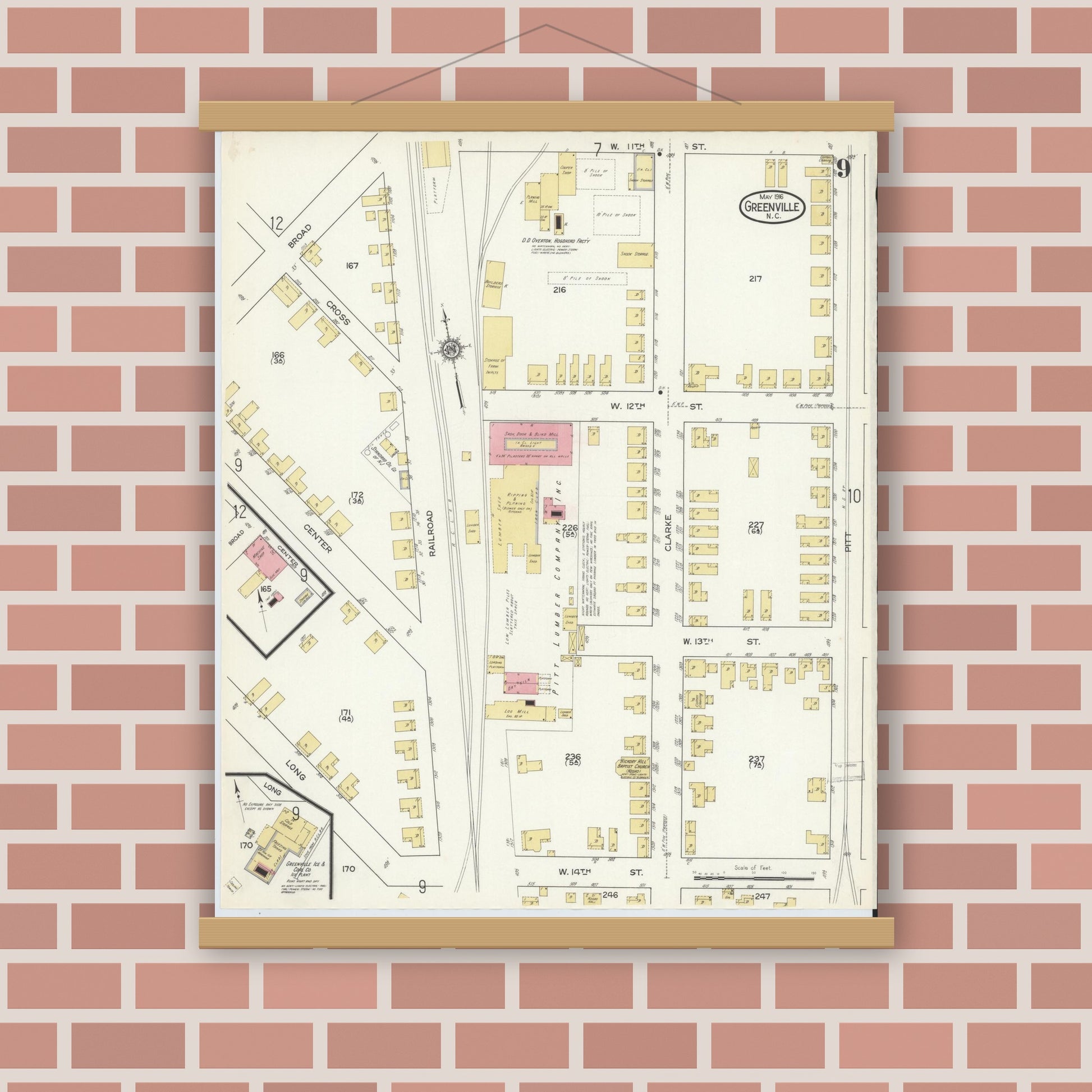 Old map wall art mockup — magnetic wood frame on brick wall — Sanborn Fire Insurance Map from Greenville, Pitt County, North Carolina (1916), Sheet #0009