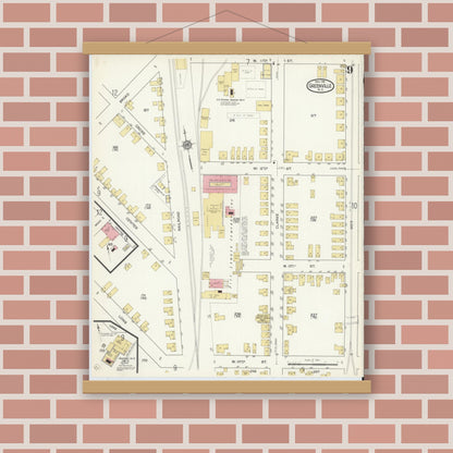 Old map wall art mockup — magnetic wood frame on brick wall — Sanborn Fire Insurance Map from Greenville, Pitt County, North Carolina (1916), Sheet #0009