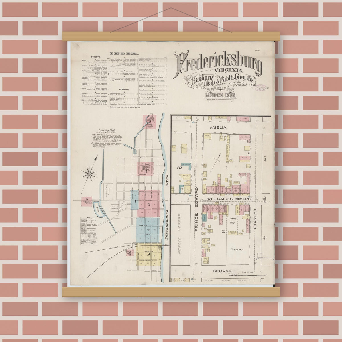 Old map wall art mockup — magnetic wood frame on brick wall — Sanborn Fire Insurance Map from Fredericksburg, Independent Cities, Virginia (1886) - Complete Map Set