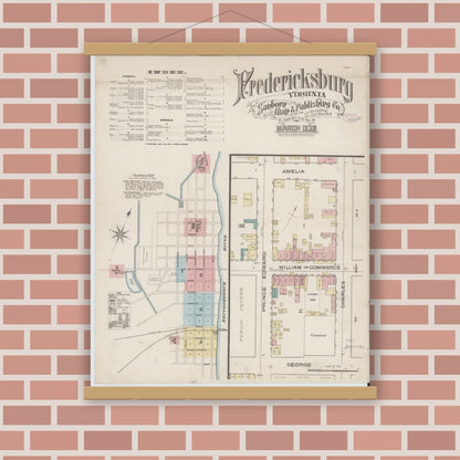 Old map wall art mockup — magnetic wood frame on brick wall — Sanborn Fire Insurance Map from Fredericksburg, Independent Cities, Virginia (1886) - Complete Map Set