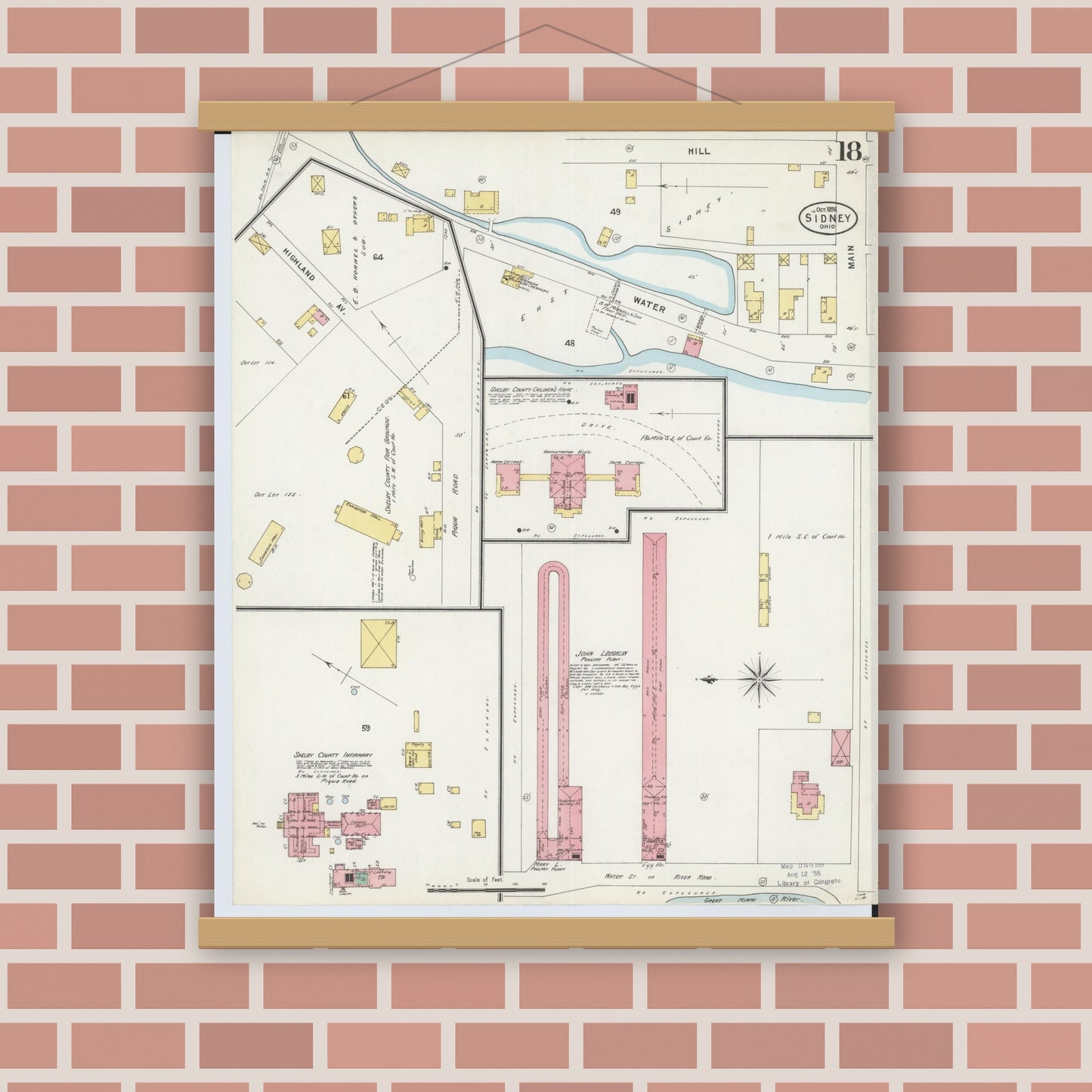 Old map wall art mockup — magnetic wood frame on brick wall — Sanborn Fire Insurance Map from Sidney, Shelby County, Ohio (1898), Sheet #0018