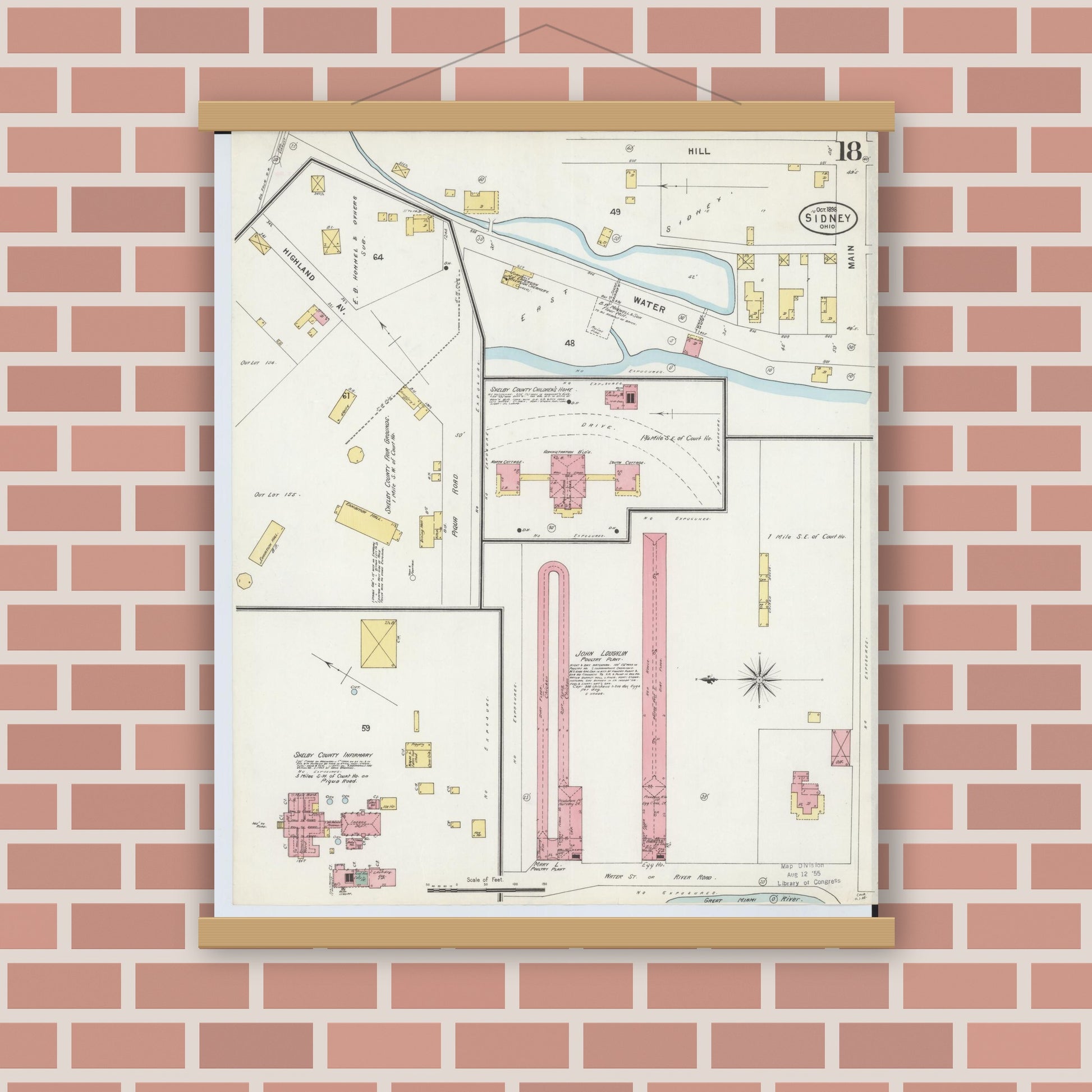 Old map wall art mockup — magnetic wood frame on brick wall — Sanborn Fire Insurance Map from Sidney, Shelby County, Ohio (1898), Sheet #0018