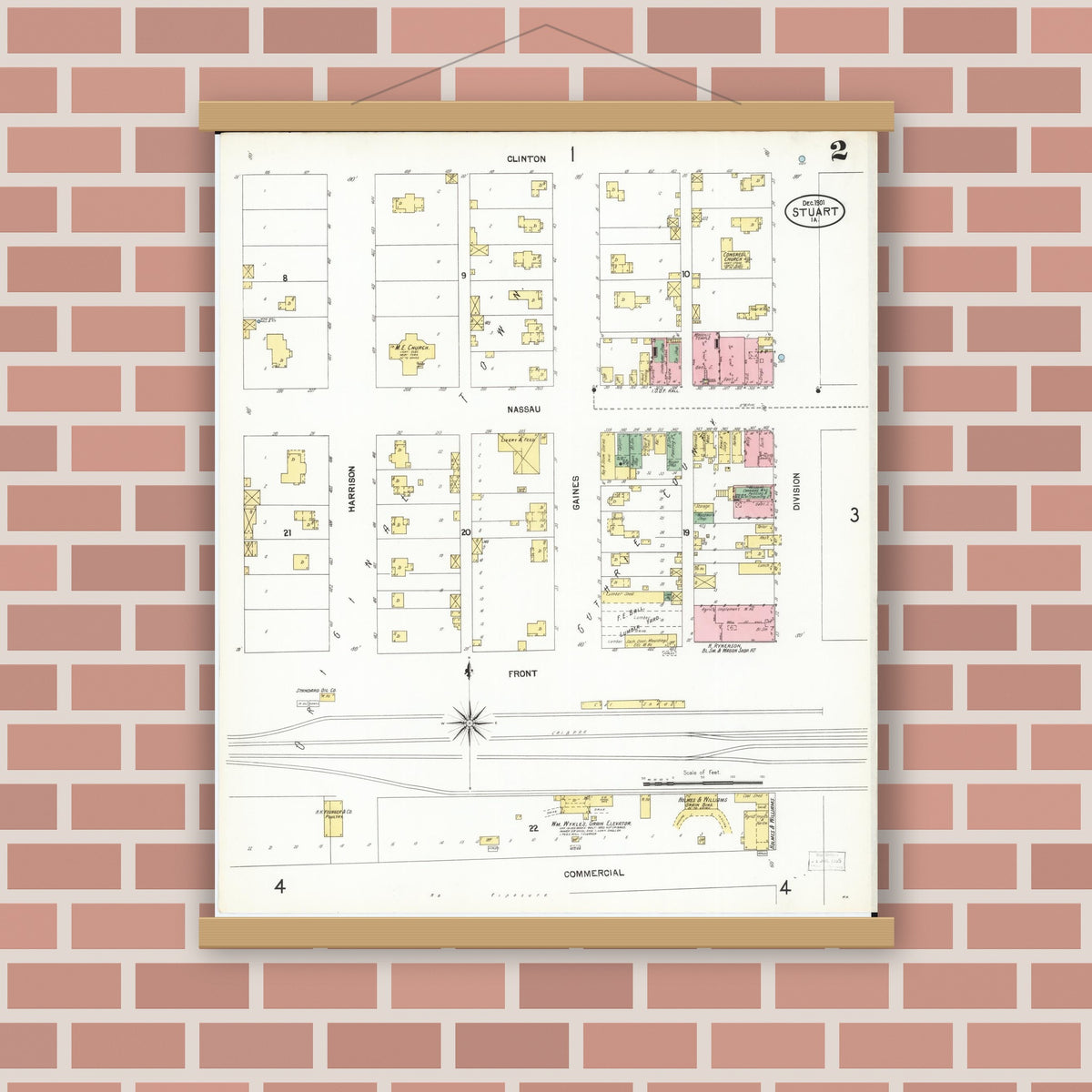 Old map wall art mockup — magnetic wood frame on brick wall — Sanborn Fire Insurance Map from Stuart, Guthrie and Adair Counties, Iowa (1901), Sheet #0002