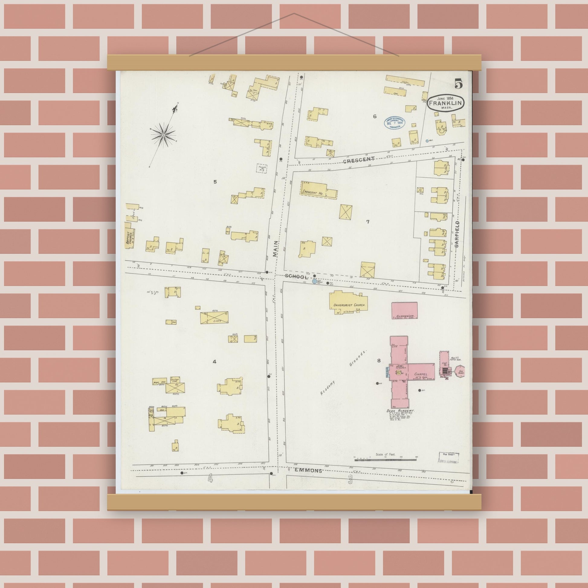 Old map wall art mockup — magnetic wood frame on brick wall — Sanborn Fire Insurance Map from Franklin, Norfolk County, Massachusetts (1894), Sheet #0005