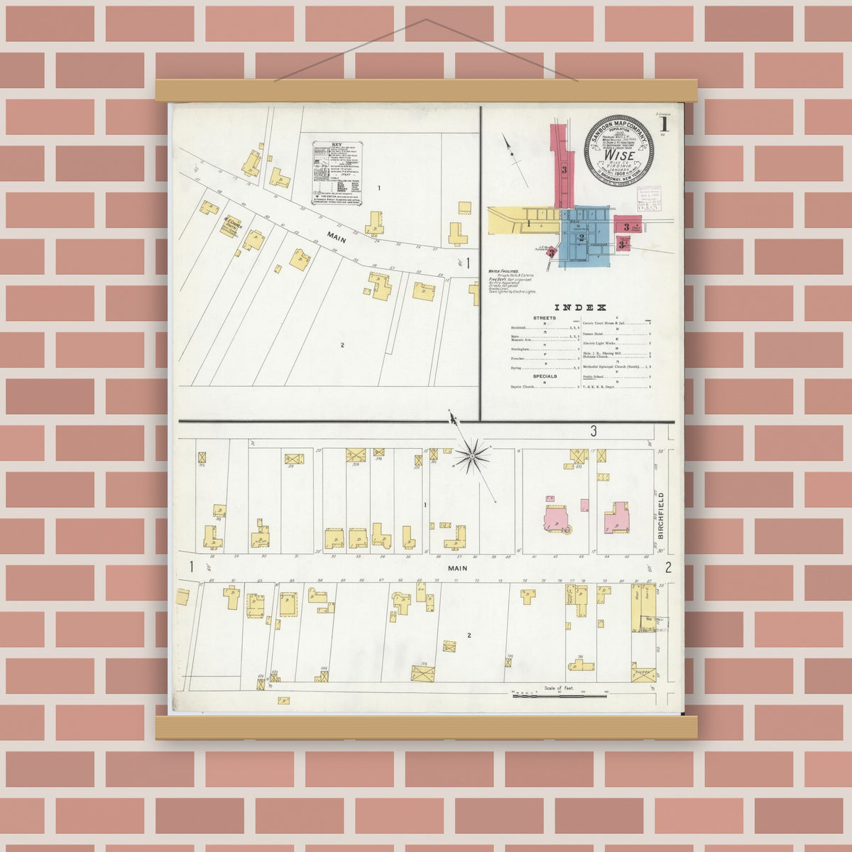 Old map wall art mockup — magnetic wood frame on brick wall — Sanborn Fire Insurance Map from Wise, Wise County, Virginia (1908) - Complete Map Set