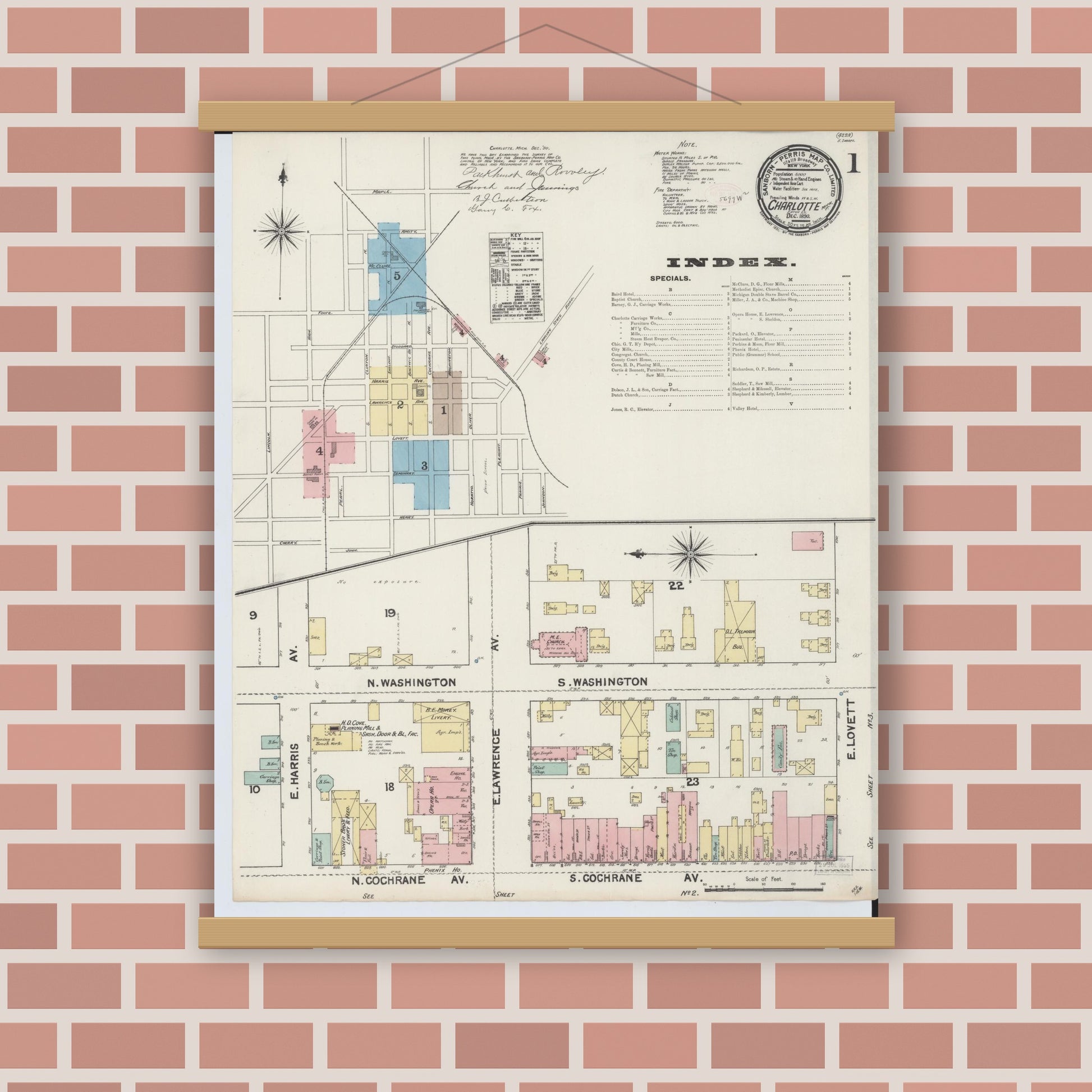 Old map wall art mockup — magnetic wood frame on brick wall — Sanborn Fire Insurance Map from Charlotte, Eaton County, Michigan (1890), Sheet #0001